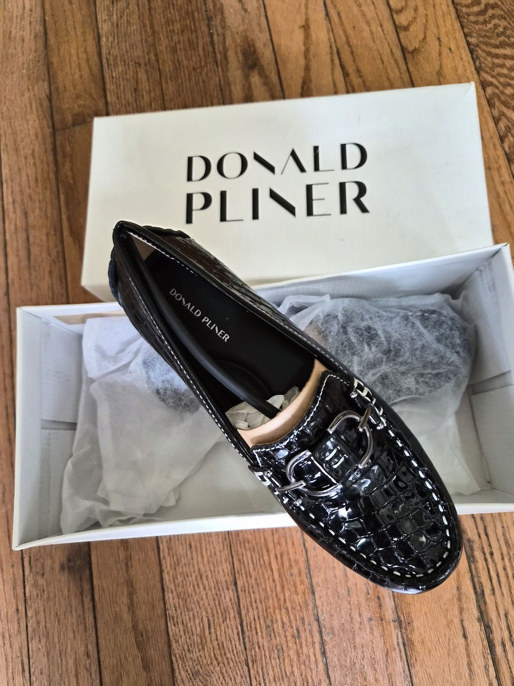 Donald J. Pliner Black Croc-Embossed Patent Loafer with Metal Bit